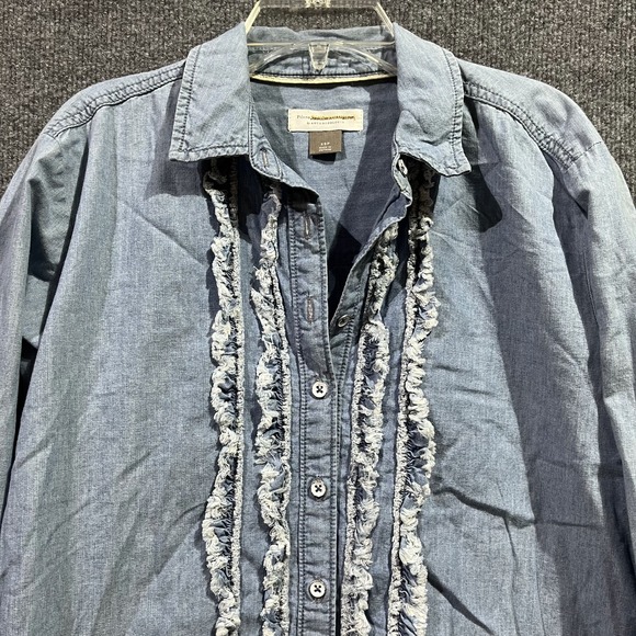 Pilcro By Anthropologie Shirt Womens XSP Blue Denim Ruffle Long Sleeve Button Up - Picture 2 of 7